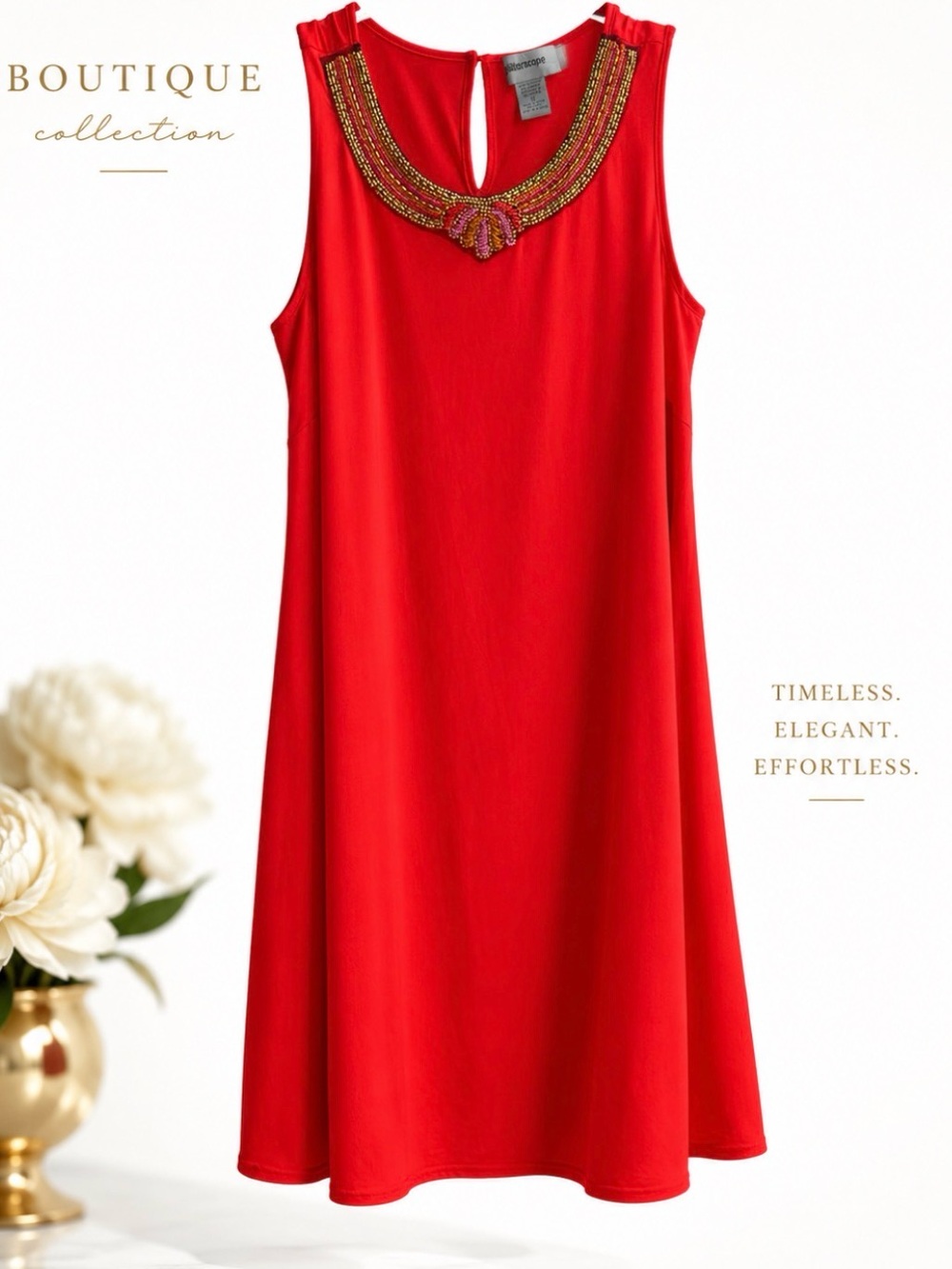 Glitterscape Beaded Neckline Dress | Size 1X | Coral Red